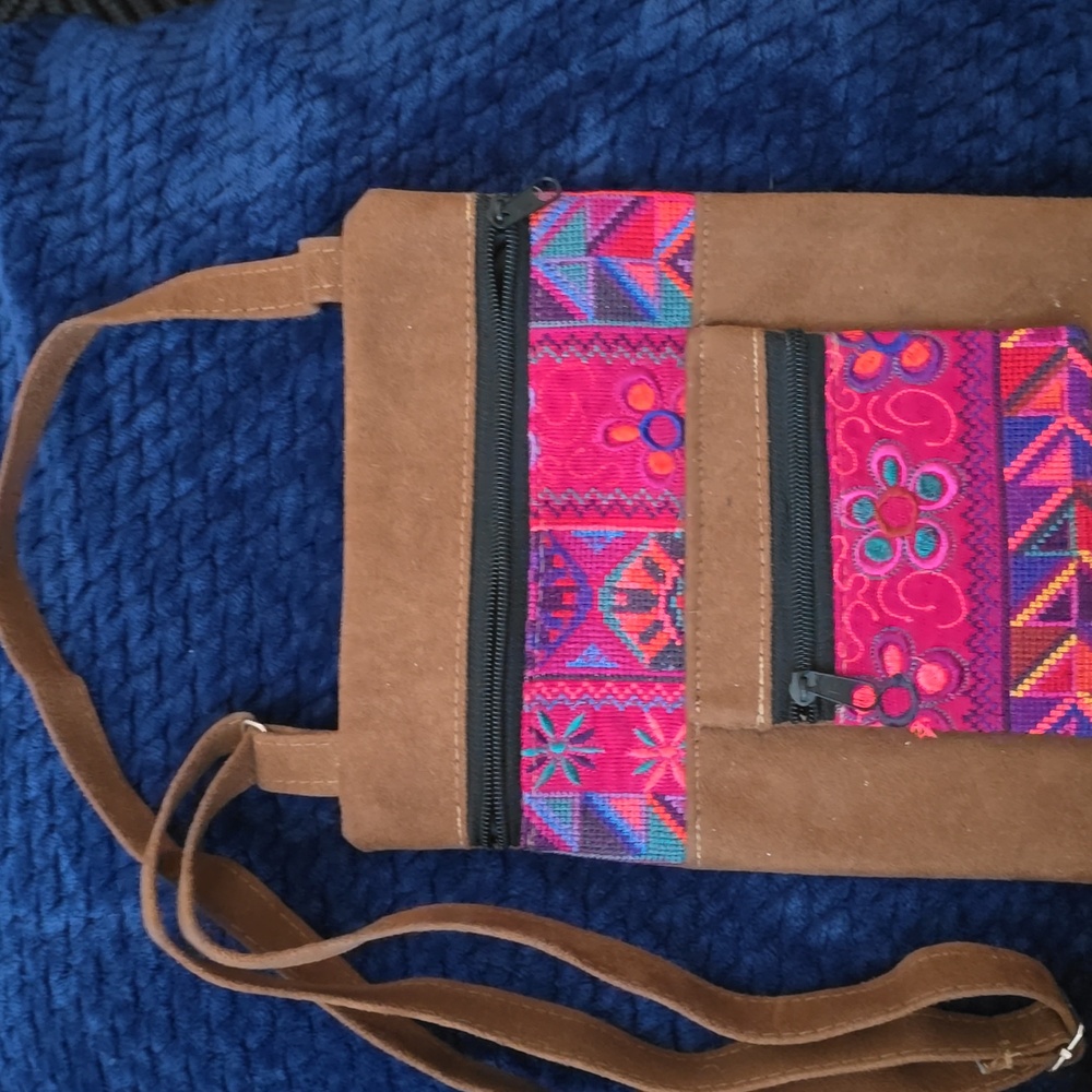Crossbody Design bag Embroidered And Brown Suede